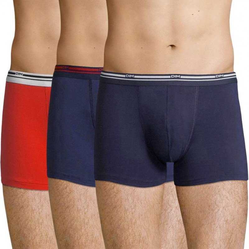 DIM Lot de 3 Boxers Homme Coton DAILY COLORS Bleu denim Rouge lave