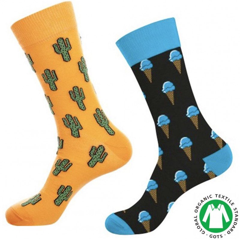 CRAZYSOCKS Lot de 2 paires de Chaussettes Homme Coton Bio CACTUS GLACE Orange Noir