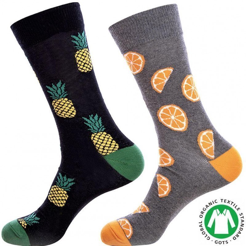 CRAZYSOCKS Lot de 2 paires de Chaussettes Homme Coton Bio ORANGE ANANAS Noir Gris