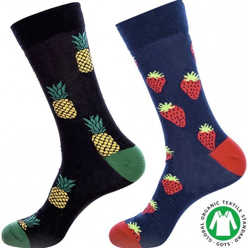 CRAZYSOCKS Lot de 2 paires de Chaussettes Homme Coton Bio FRAISE ANANAS Noir Marine