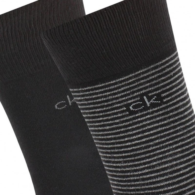 CALVIN KLEIN Lot 2 paires de Chaussettes Homme Coton FINE STRIPED Noir