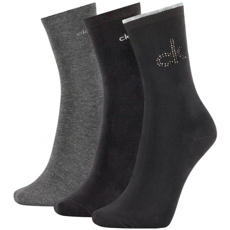 CALVIN KLEIN Coffret 3 paires de Chaussettes Femme Coton CRYSTAL LOGO Noir