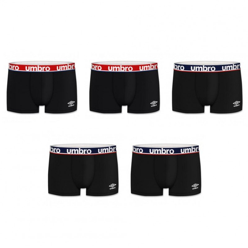 UMBRO Lot de 5 Boxers Homme Coton BCX5CLASS 8 Noir ceinture Bleu Rouge