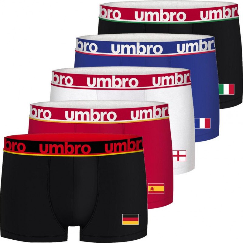 UMBRO Lot de 5 Boxers Homme Coton BCX5EURASS Noir Rouge Blanc Bleu Noir