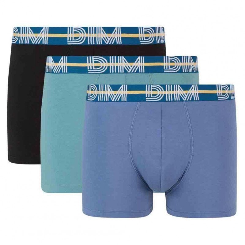 DIM Lot de 3 Boxers Homme Coton POWERFULL Bleu Jacinthe Vert Viride Noir