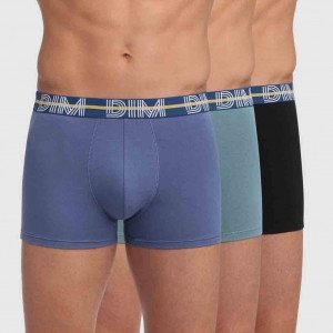 DIM Lot de 3 Boxers Homme Coton POWERFULL Bleu Jacinthe Vert Viride Noir