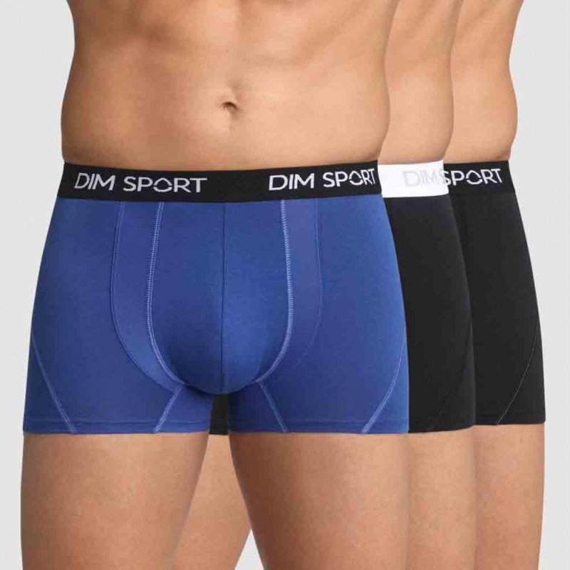 DIM Lot de 3 Boxers Homme Coton STRETCHSPORT Noir Bleu Abysse