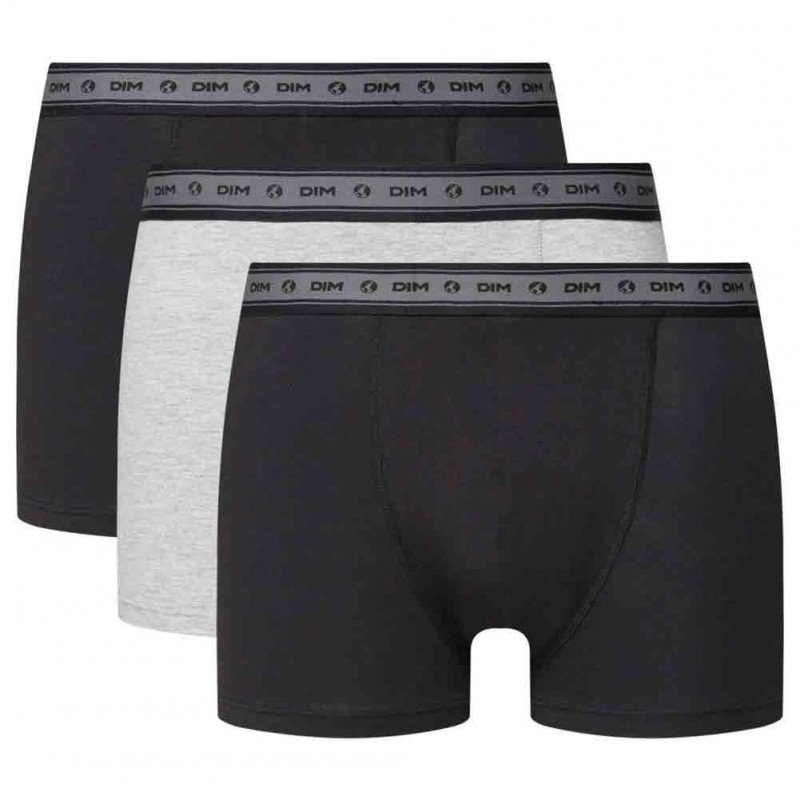 DIM Lot de 3 Boxers Homme Coton BIO Noir Gris perle