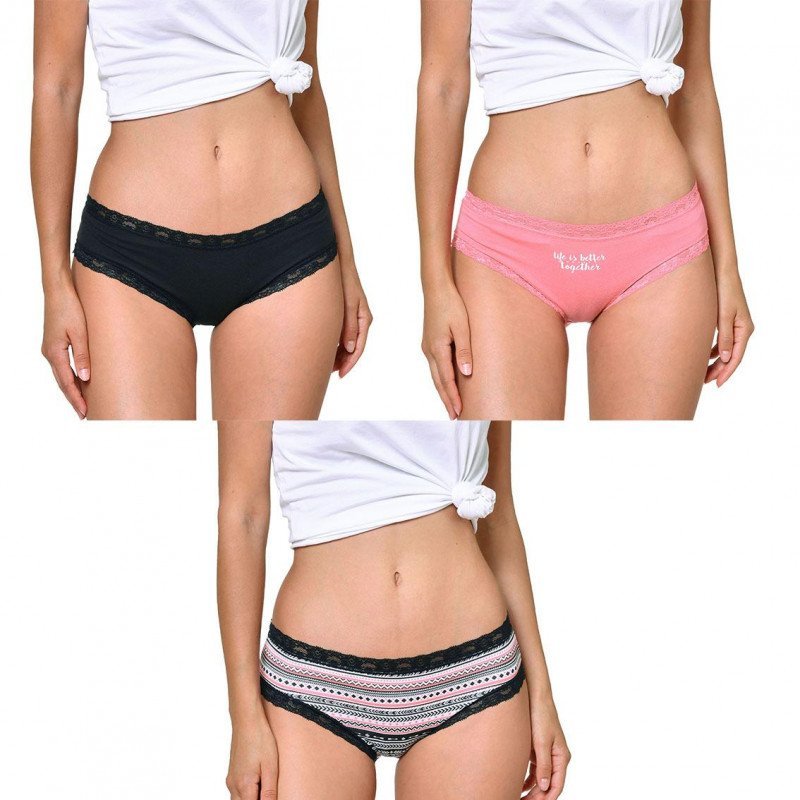 SIMPLY ME Lot de 3 Shortys Femme Coton BDX3 ASS3 Rose Clair Noir