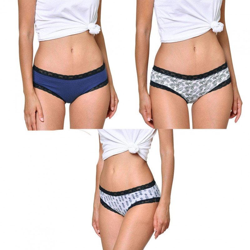 SIMPLY ME Lot de 3 Shortys Femme Coton BDX3 ASS3 Bleu Gris