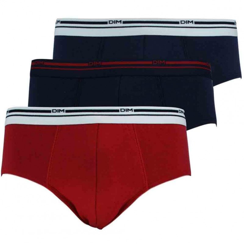 DIM Lot de 3 Slips Homme Coton DAILY COLORS Bleu Denim Rouge Lave