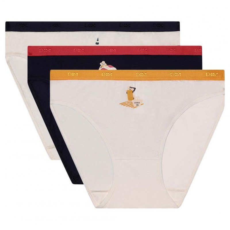 DIM Lot de 3 Boxers Femme Coton POCKETS STRETCH Dolce Vita Blanc Bleu