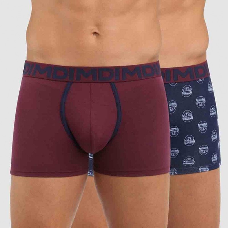 DIM Lot de 2 Boxers Homme Coton MIXANDFANCY Rouge Vin Imprimé Hipster