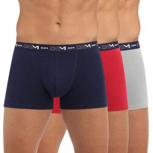 DIM 3 Boxers Homme Coton STRETCH Bleu Denim Rouge Topaze Acier