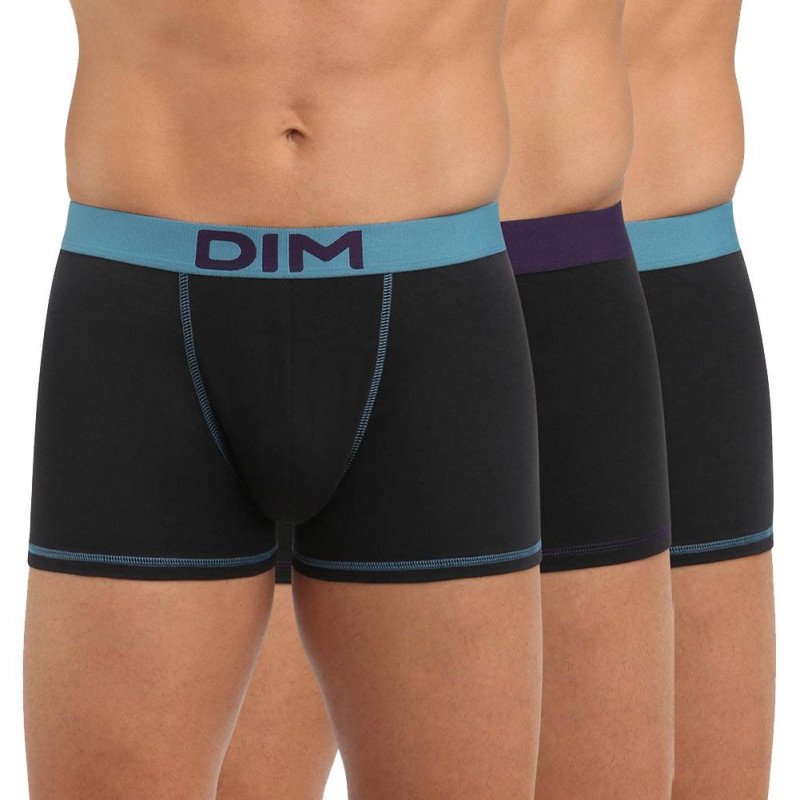 DIM Lot de 3 Boxers Homme Coton MIX AND COLORS Noir ceinture Vert Viride Violet Velours