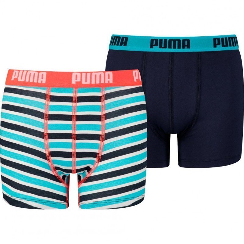 PUMA Lot de 2 Boxers Garçon Coton PRINTEDSTRIPE Fluo Rouge Bleu