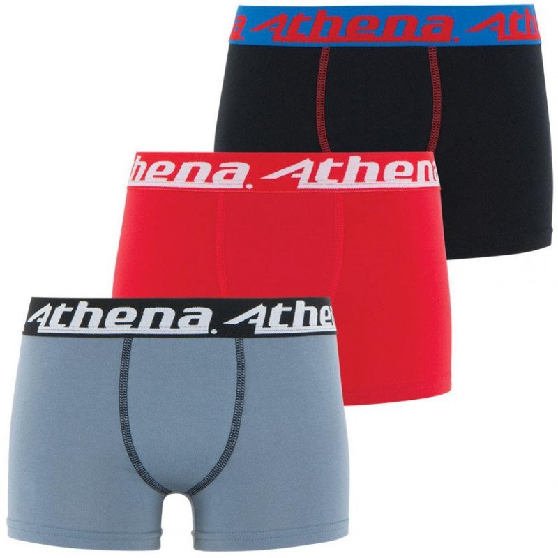 ATHENA Lot de 3 Boxers Garçon Coton TRIOCHOC Gris Rouge Noir