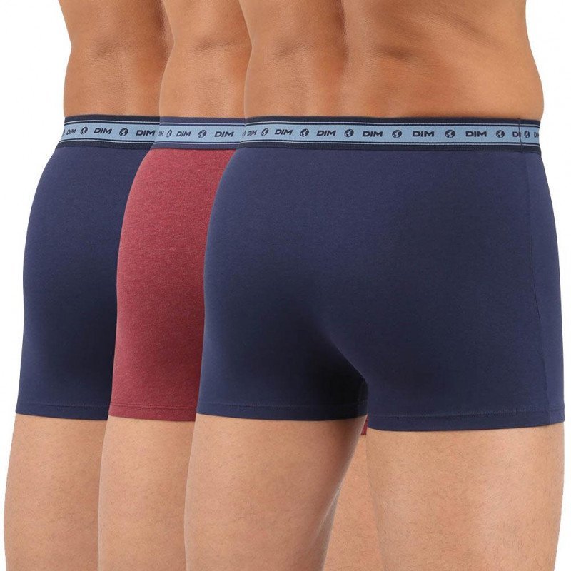 DIM Lot de 3 Boxers Homme Coton BIO Bleu denim Rouge vin