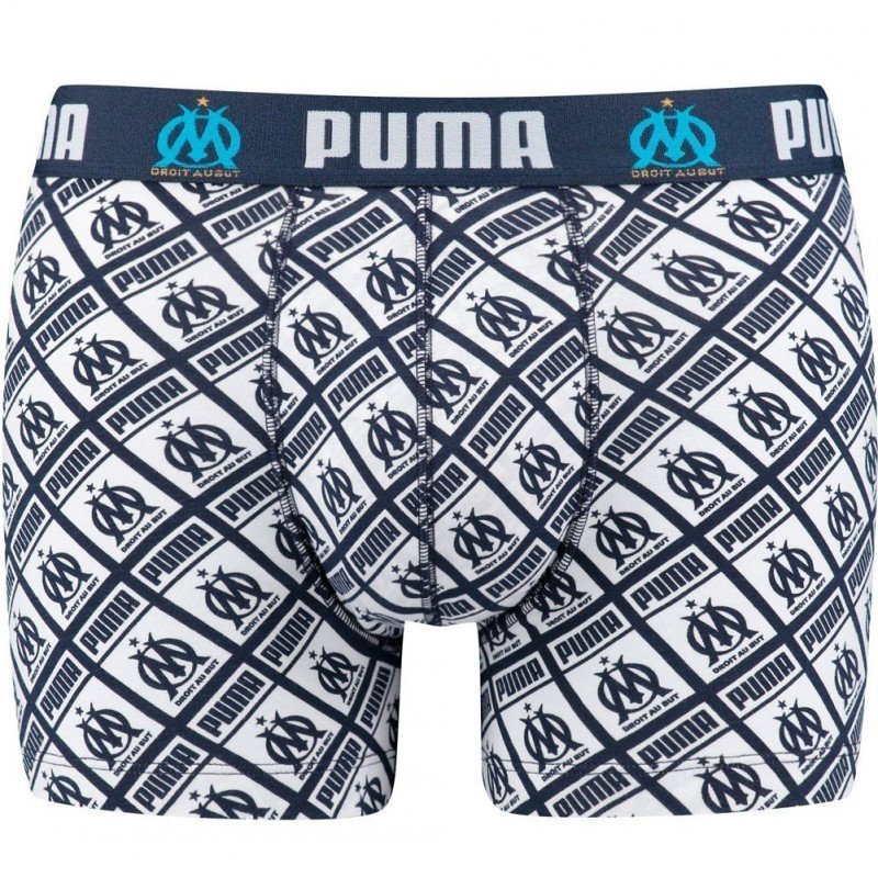 PUMA Boxer Homme Coton ALLOVER Marine Blanc OLYMPIQUE DE MARSEILLE