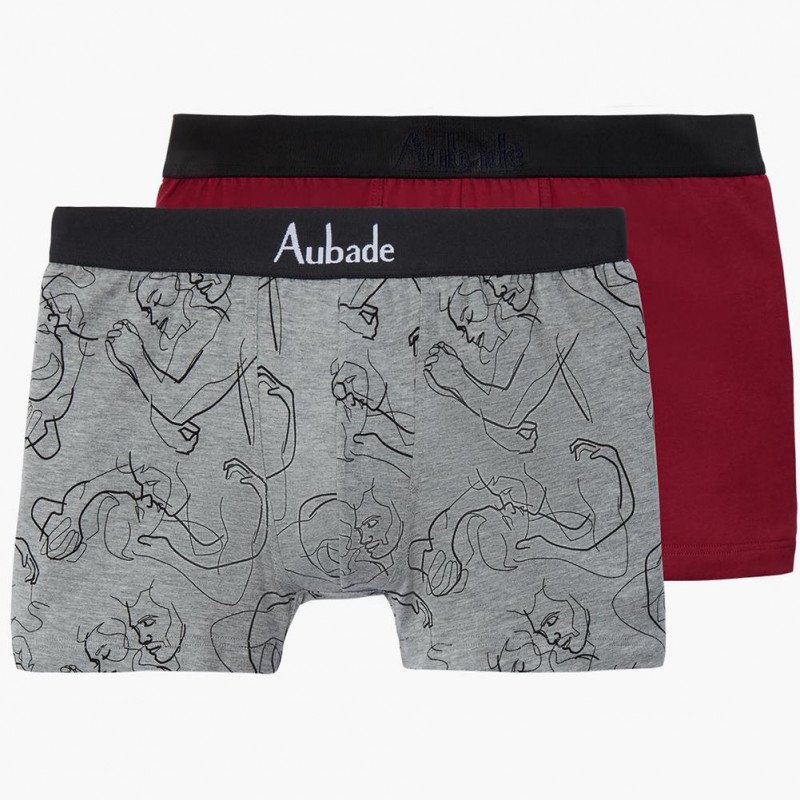 AUBADEMEN Lot de 2 Boxers Homme Coton Modal DUO LOVE Souris Bordeaux