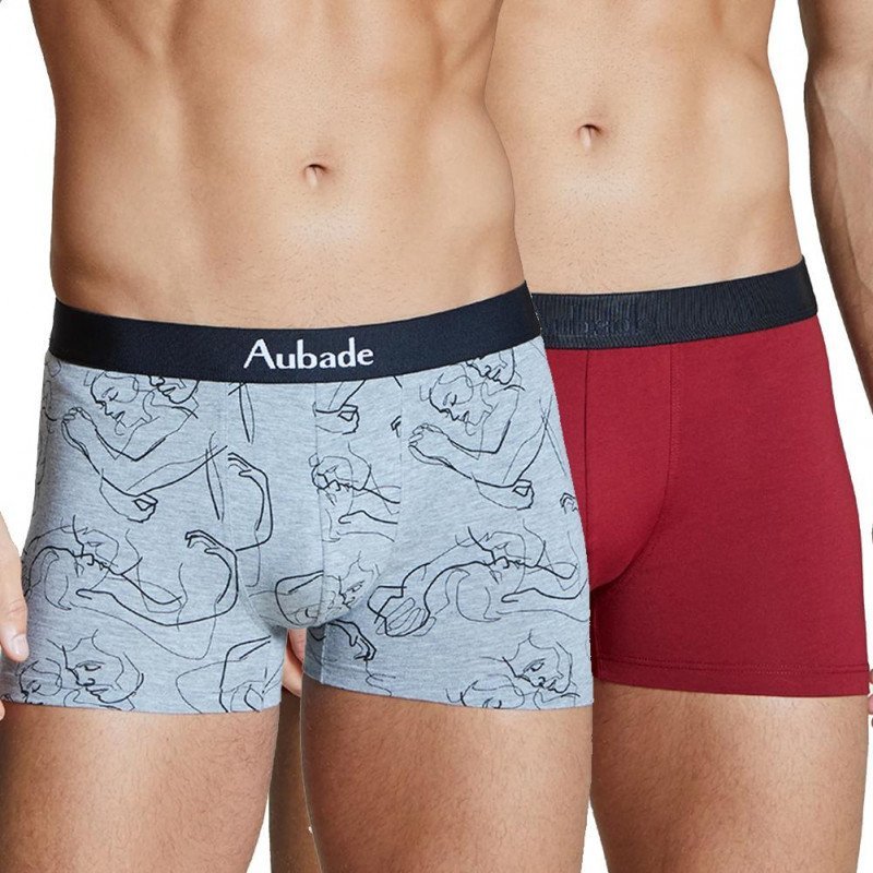 AUBADEMEN 2 Boxers Homme Coton Modal DUO LOVE Souris Bordeaux
