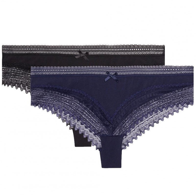 DIM Lot de 2 Shortys Femme Coton Dentelle SEXY FASHION Noir Bleu infini