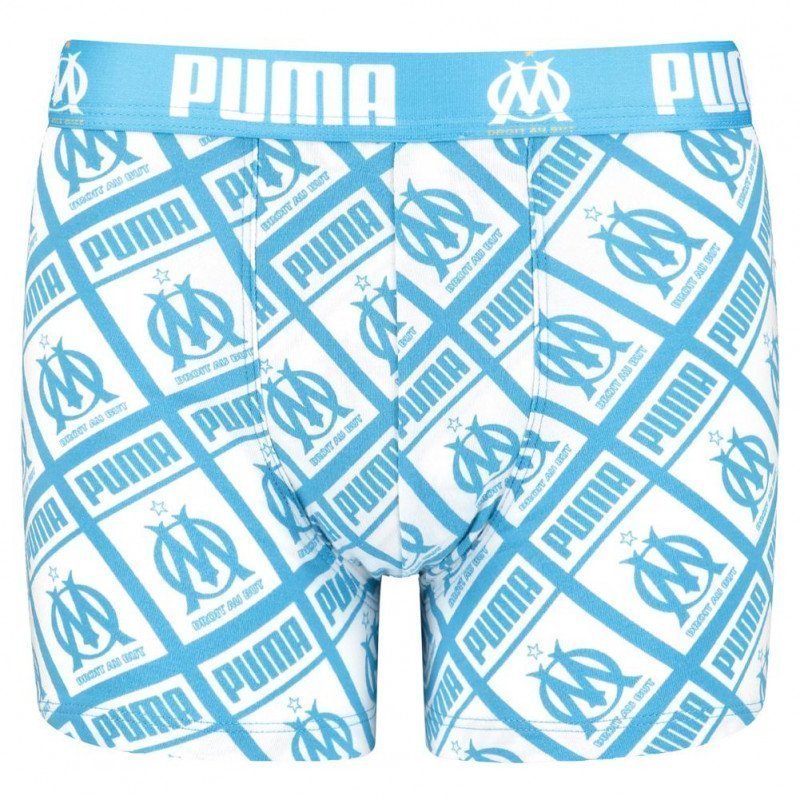 PUMA Boxer Garçon Coton ALLOVER Cyan Blanc OLYMPIQUE DE MARSEILLE