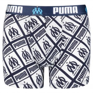 PUMA Boxer Garçon Coton ALLOVER Marine Blanc OLYMPIQUE MARSEILLE