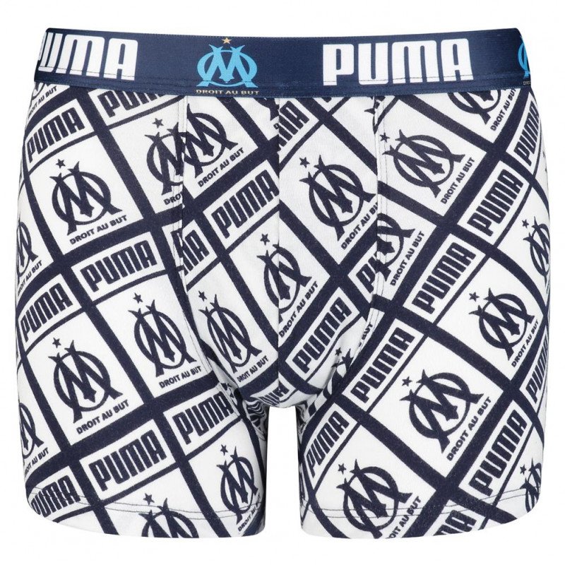 PUMA Boxer Garçon Coton ALLOVER Marine Blanc OLYMPIQUE DE MARSEILLE