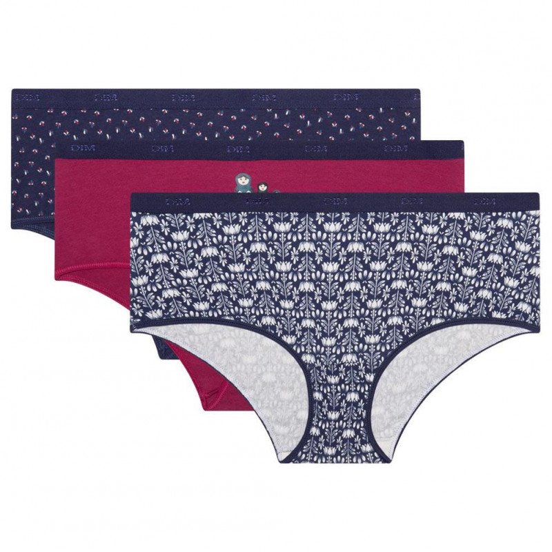 DIM Lot de 3 Boxers Femme Coton POCKETS STRETCH Poupées Bleu Marine Bordeaux