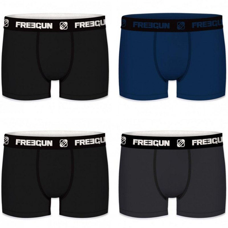 FREEGUN Lot de 4 Boxers Homme Coton PACKX4 Noir Bleu Noir Gris