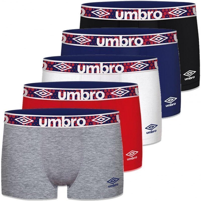 UMBRO Lot de 5 Boxers Homme Coton UMBCEX5ASS1 Noir Bleu Blanc Gris Rouge