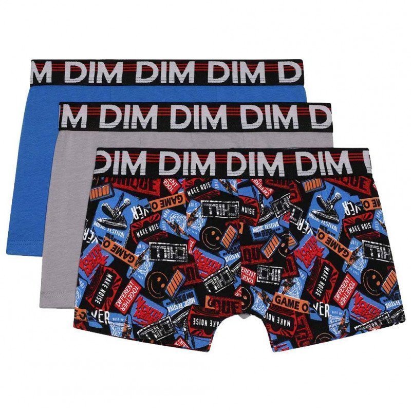 DIM Lot de 3 Boxers Garçon Coton MODE Words Gris Bleu