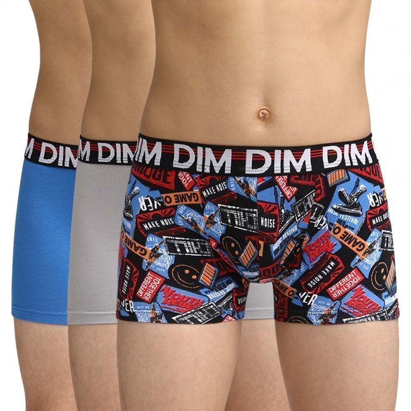 DIM Lot de 3 Boxers Garçon Coton MODE Words Gris Bleu