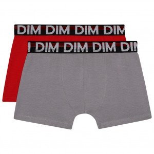 DIM Lot de 2 Boxers Garçon Coton CLASSIC Rouge Gris