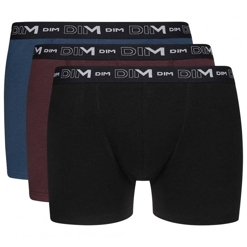 DIM Lot de 3 Boxers Homme Coton STRETCH Noir Brun Fauve Bleu