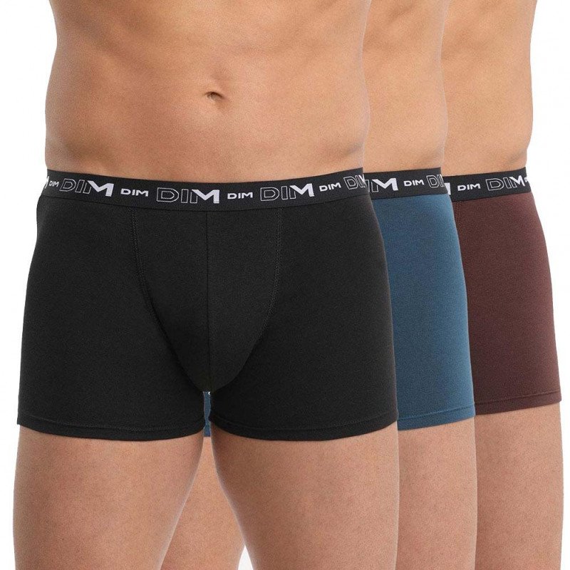 DIM Lot de 3 Boxers Homme Coton STRETCH Noir Brun Fauve Bleu