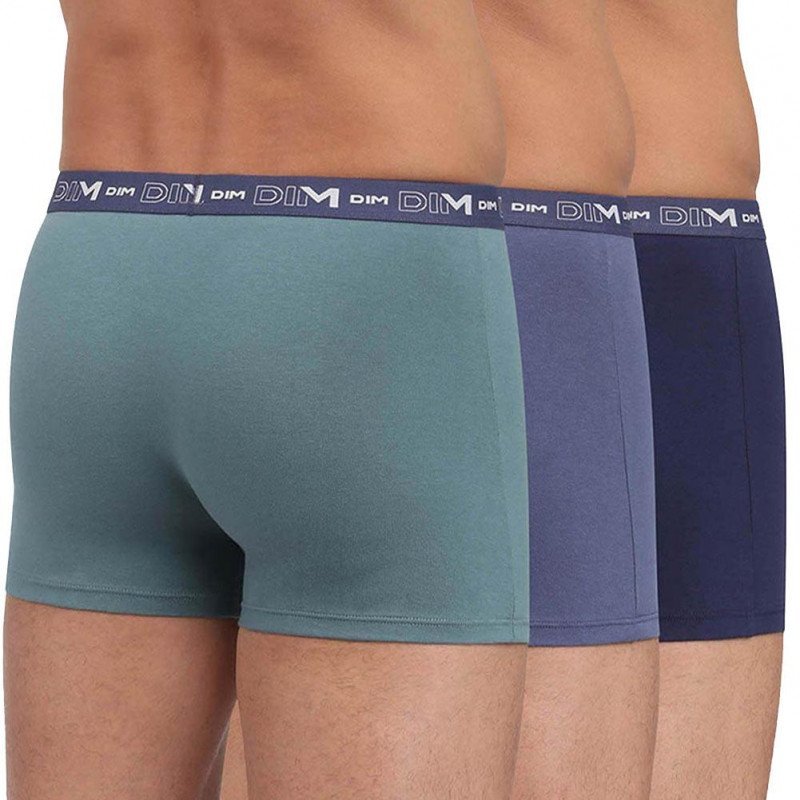 DIM Lot de 3 Boxers Homme Coton STRETCH Bleu Denim Bleu Orage Vert Palme