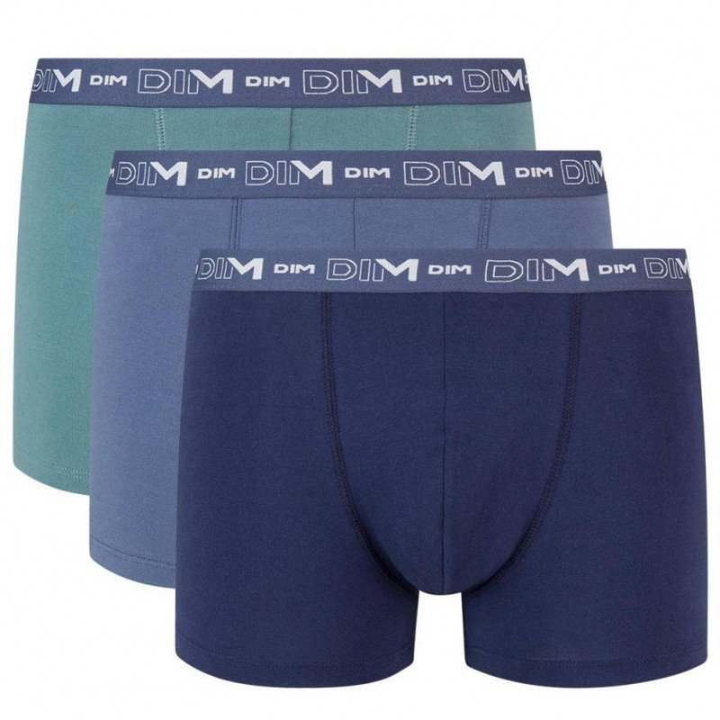 DIM Lot de 3 Boxers Homme Coton STRETCH Bleu Denim Bleu Orage Vert Palme