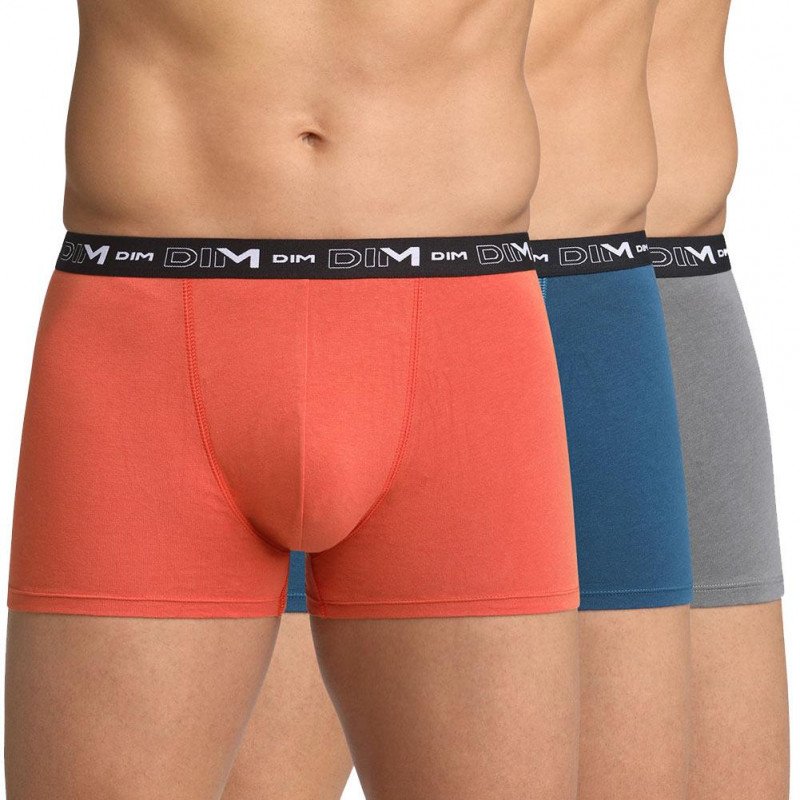 DIM Lot de 3 Boxers Homme Coton STRETCH Orange Bleu Gris