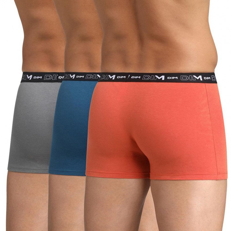 DIM Lot de 3 Boxers Homme Coton STRETCH Orange Bleu Gris