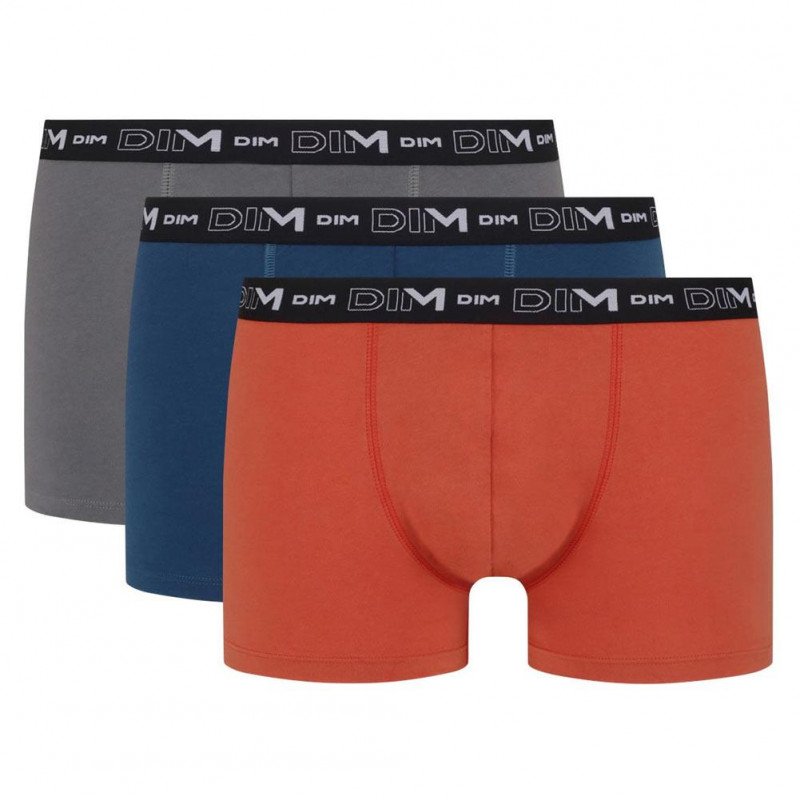 DIM Lot de 3 Boxers Homme Coton STRETCH Orange Bleu Gris