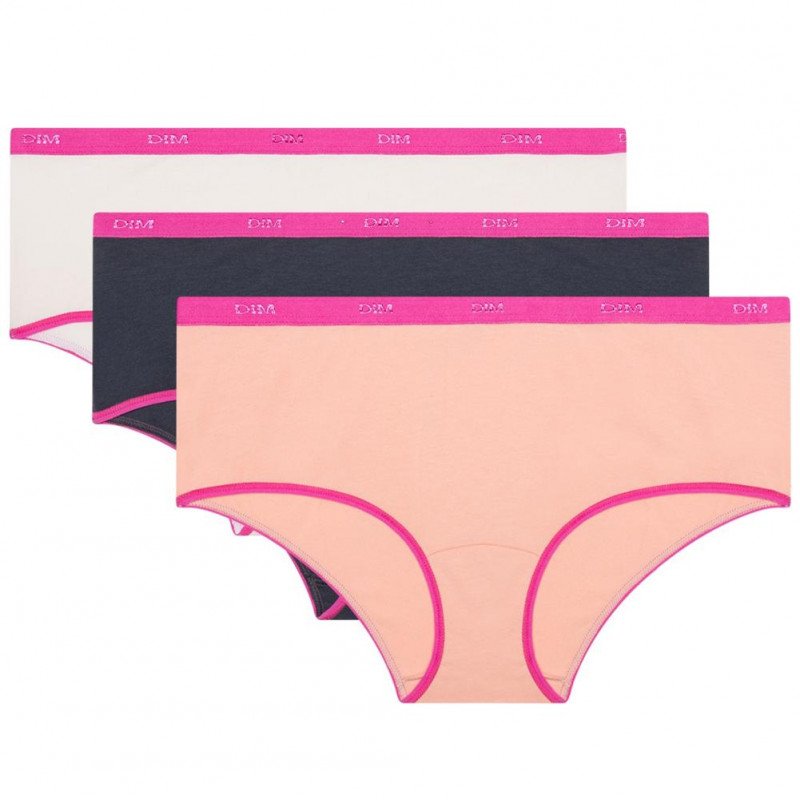 DIM Lot de 3 Boxers Femme Coton ECODIM Rose Gris Nacre