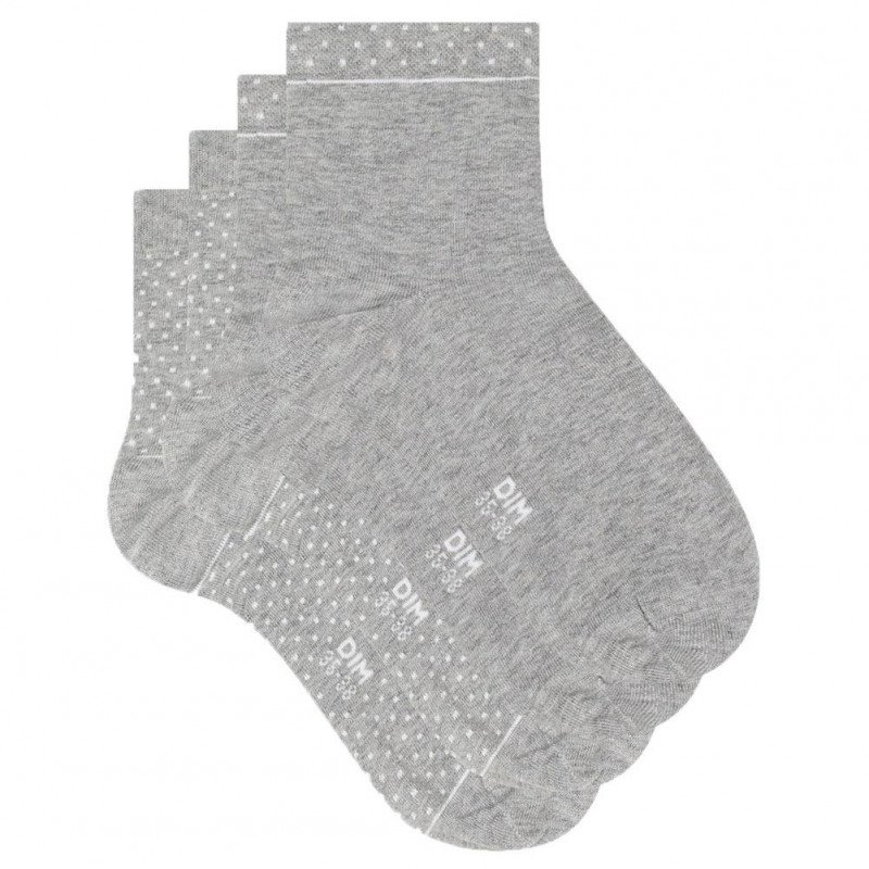 DIM Lot de 2 paires de Socquettes Femme Coton Bio GREEN Gris Clair Chiné Pois