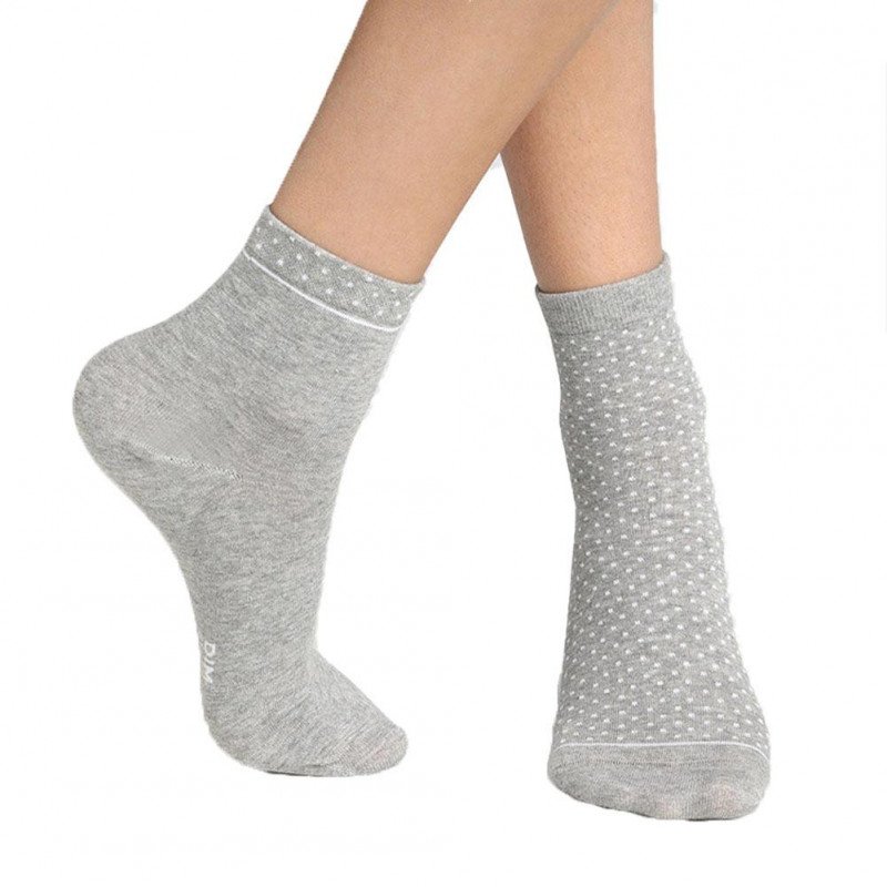 DIM Lot de 2 paires de Socquettes Femme Coton Bio GREEN Gris Clair Chiné Pois