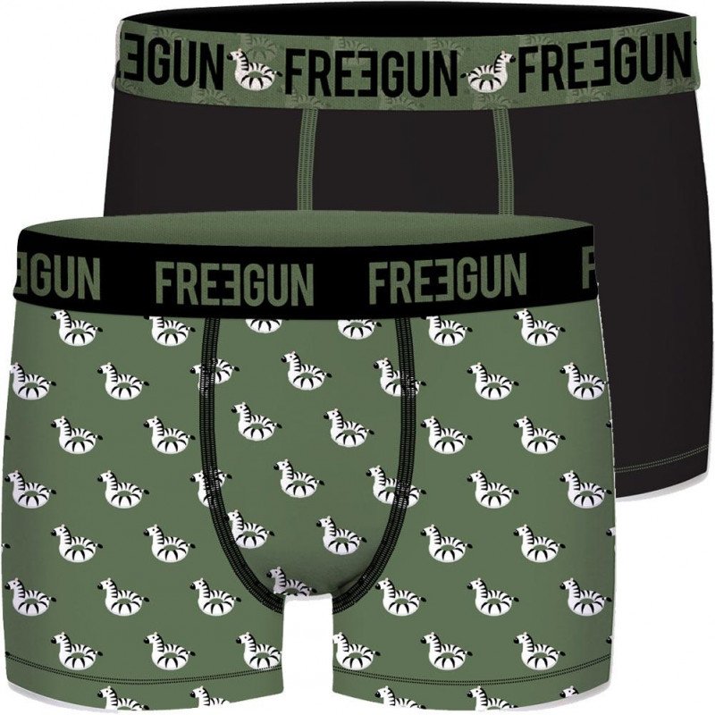 FREEGUN Lot de 2 Boxers Homme Coton bio BCBX2 ZEBRE Noir Kaki