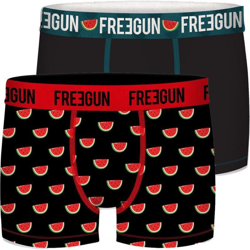 FREEGUN Lot de 2 Boxers Homme Coton bio BCBX2 PASTEQUE Noir Rouge Bleu