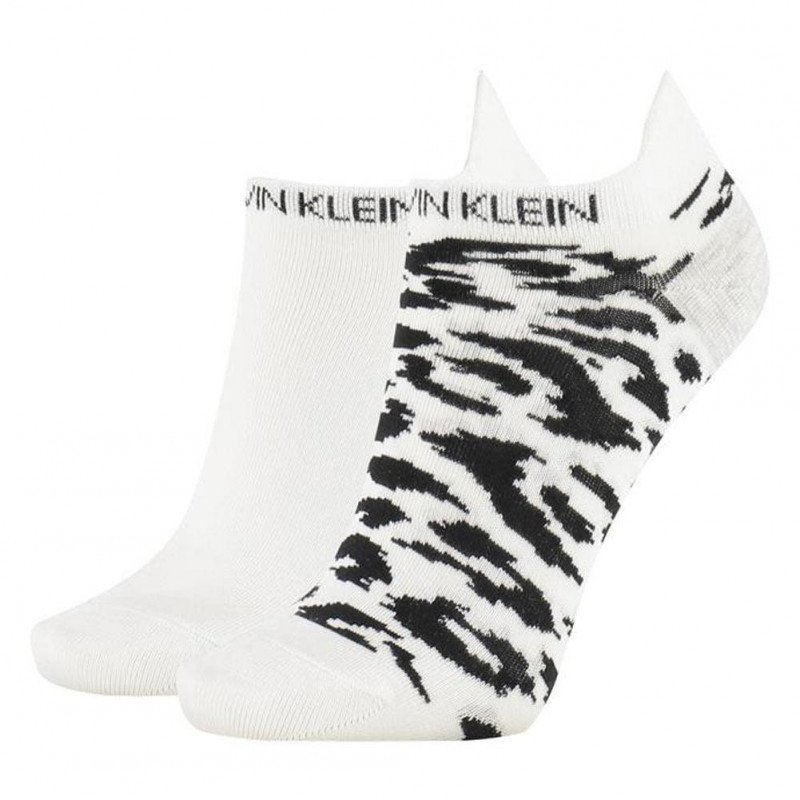 CALVIN KLEIN Lot de 2 paires de Socquettes Femme Coton LEOPARD Blanc