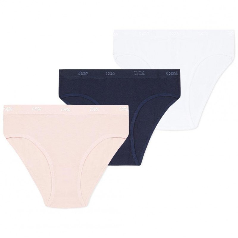 DIM Lot de 3 Shortys Fille Coton POCKETS Blanc Marine Rose