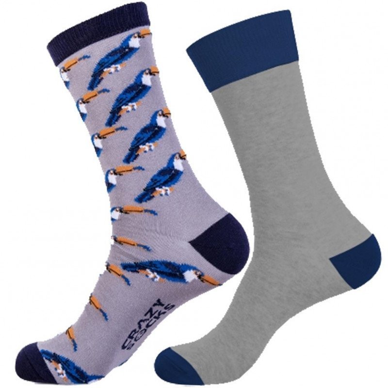 CRAZYSOCKS Lot de 2 paires de Chaussettes Homme Coton Bio TOUCAN Gris Bleu